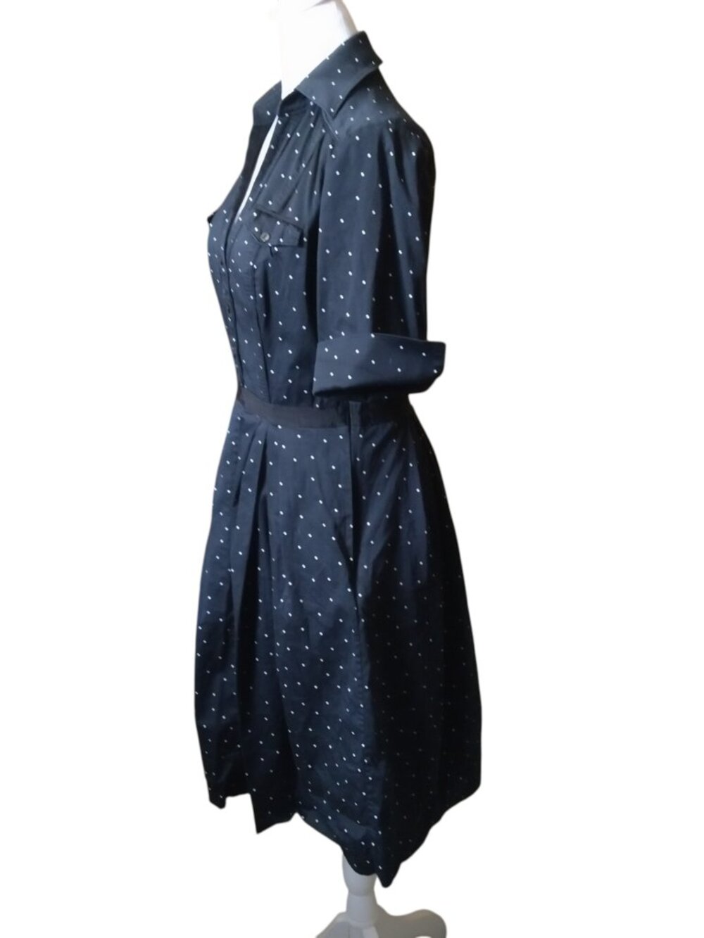 White House Black Market Black Polka Dot Shirt Dress Size 10 Fit & Flare Retro - Picture 5 of 9